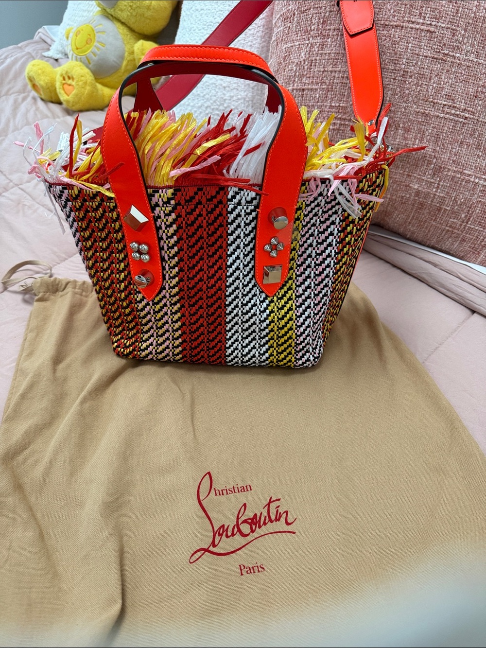 Christian Louboutin Multicolor Woven Tote with Bright Red Trim